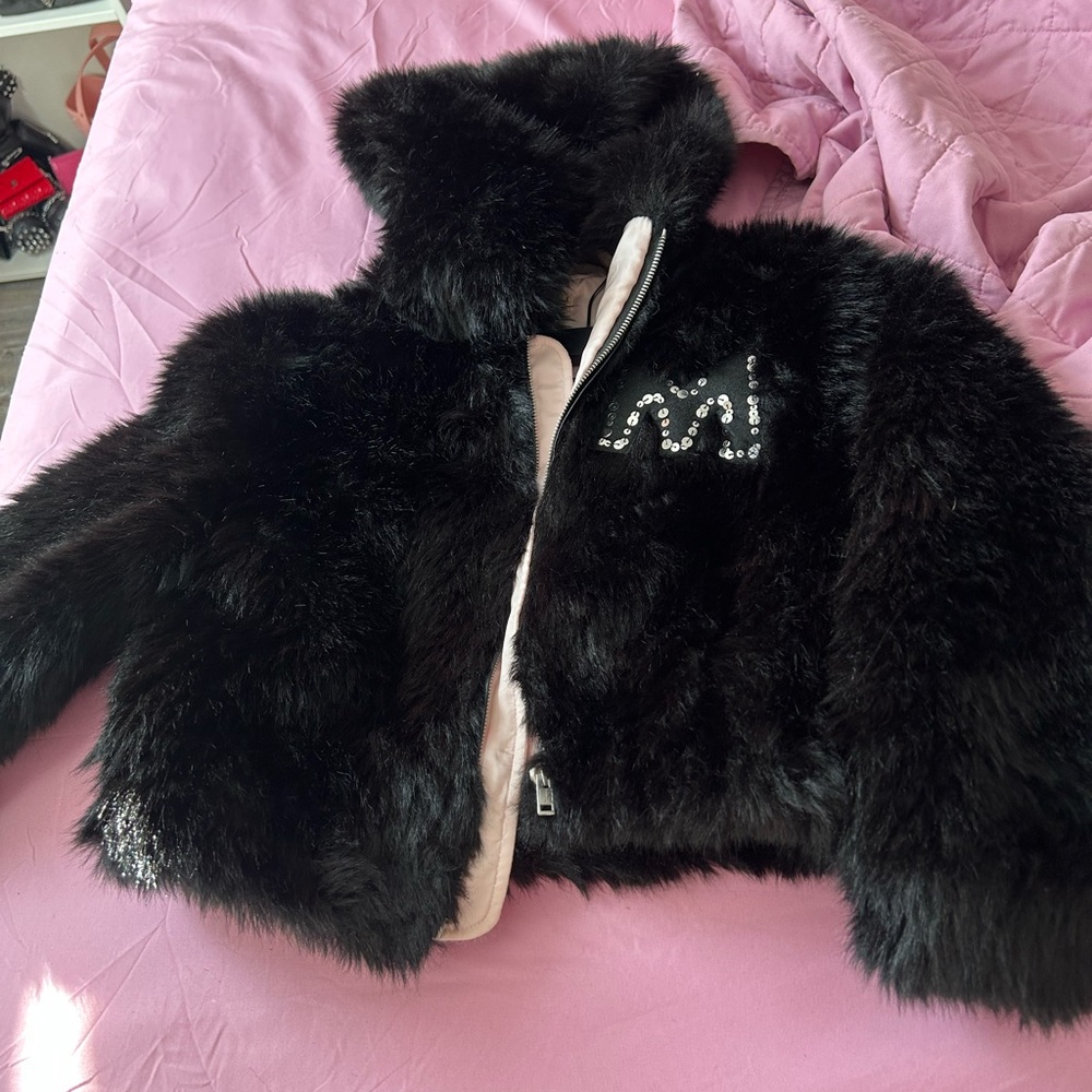 Marni Girls' Black Faux Fur Hooded Jacket with Sequin Logo